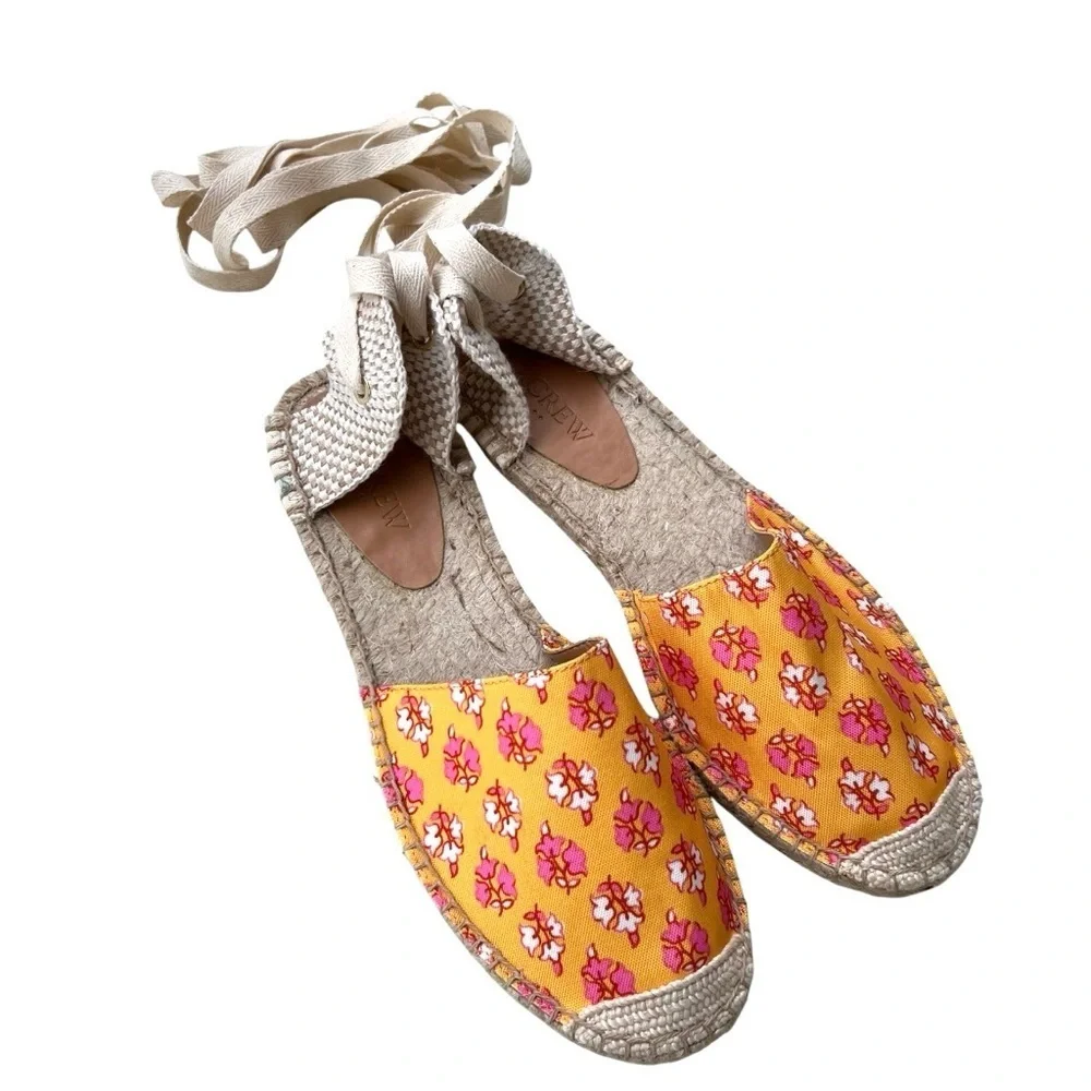 J. Crew Printed Lace Up D'orsay Espadrille Sandals Orange Block Floral Women’s 8